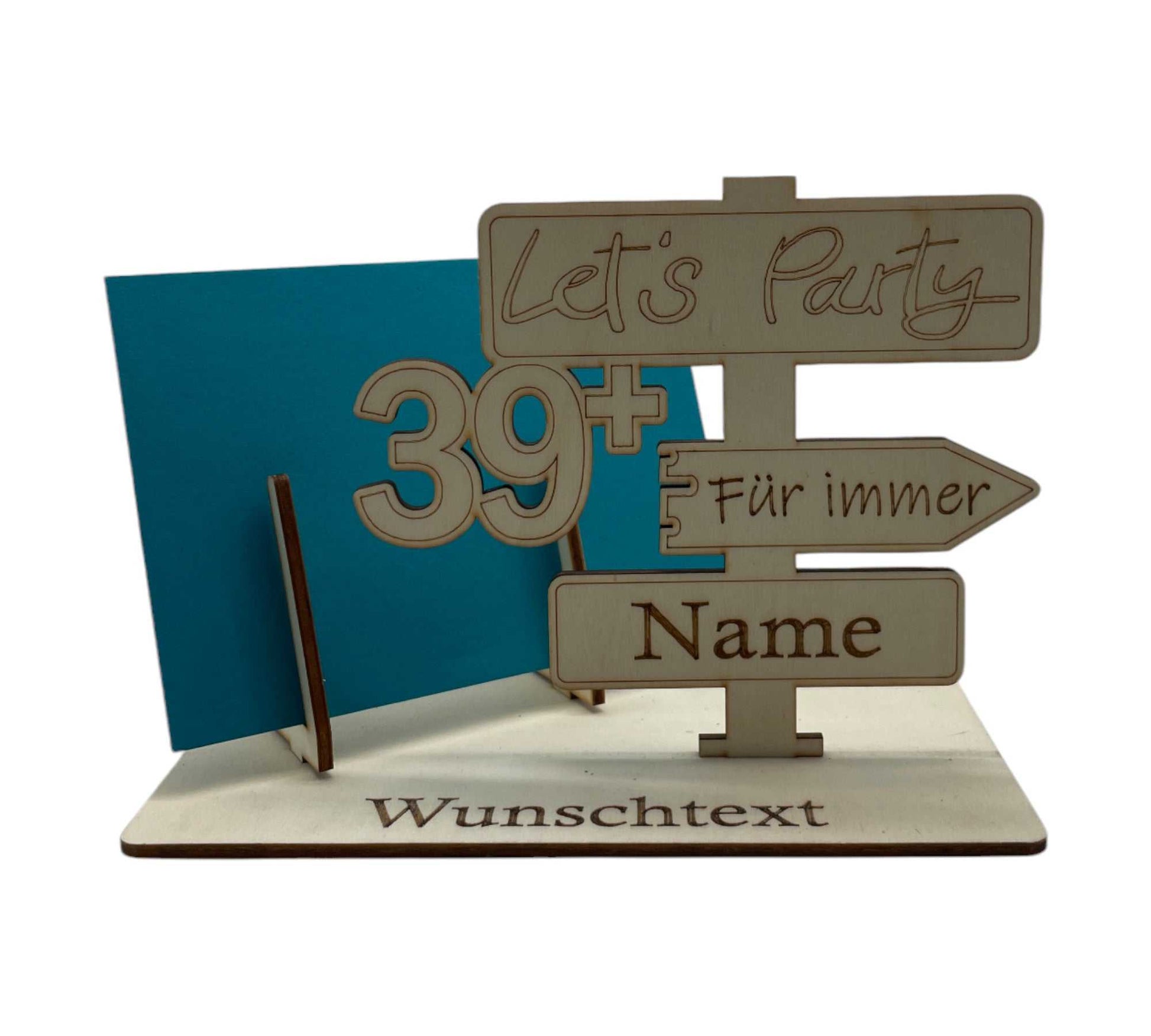 Gutscheinverpackung im Wegweiser-Design „Für immer 39+“ aus Holz, ideal für den 40. Geburtstag. Perfekt für Geldgeschenke und Gutscheine mit Wunschtext.