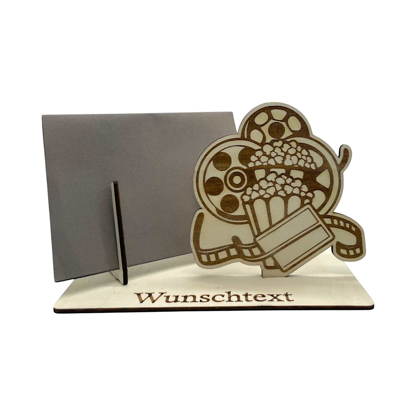 Gutscheinhalter mit Filmrolle, Popcorn und Gravurfläche aus Holz