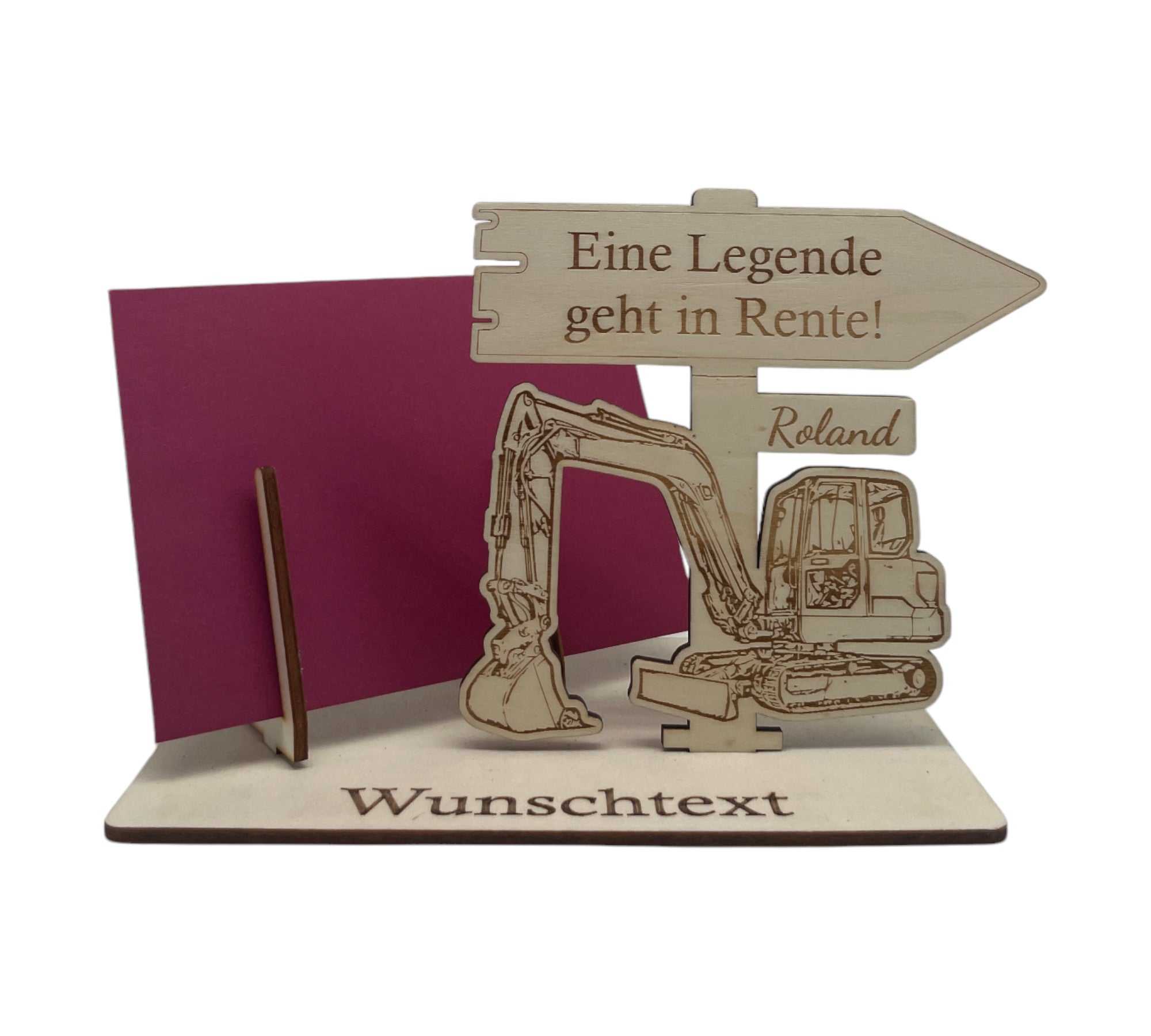 Gutscheinverpackung mit Gravur „Eine Legende geht in Rente!“ – personalisierte Holzverpackung für Bauarbeiter und Maschinenführer.