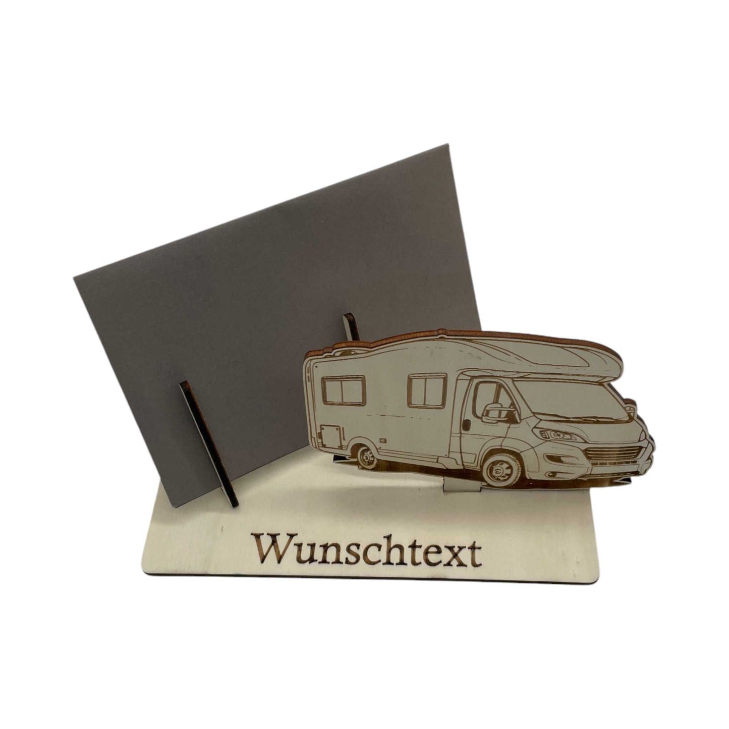 Gutscheinhalter aus Holz im Wohnmobil-Stil, ideal für Campingfreunde. Gutschein verpacken mit persönlicher Gravur von Namen und Wunschtext.