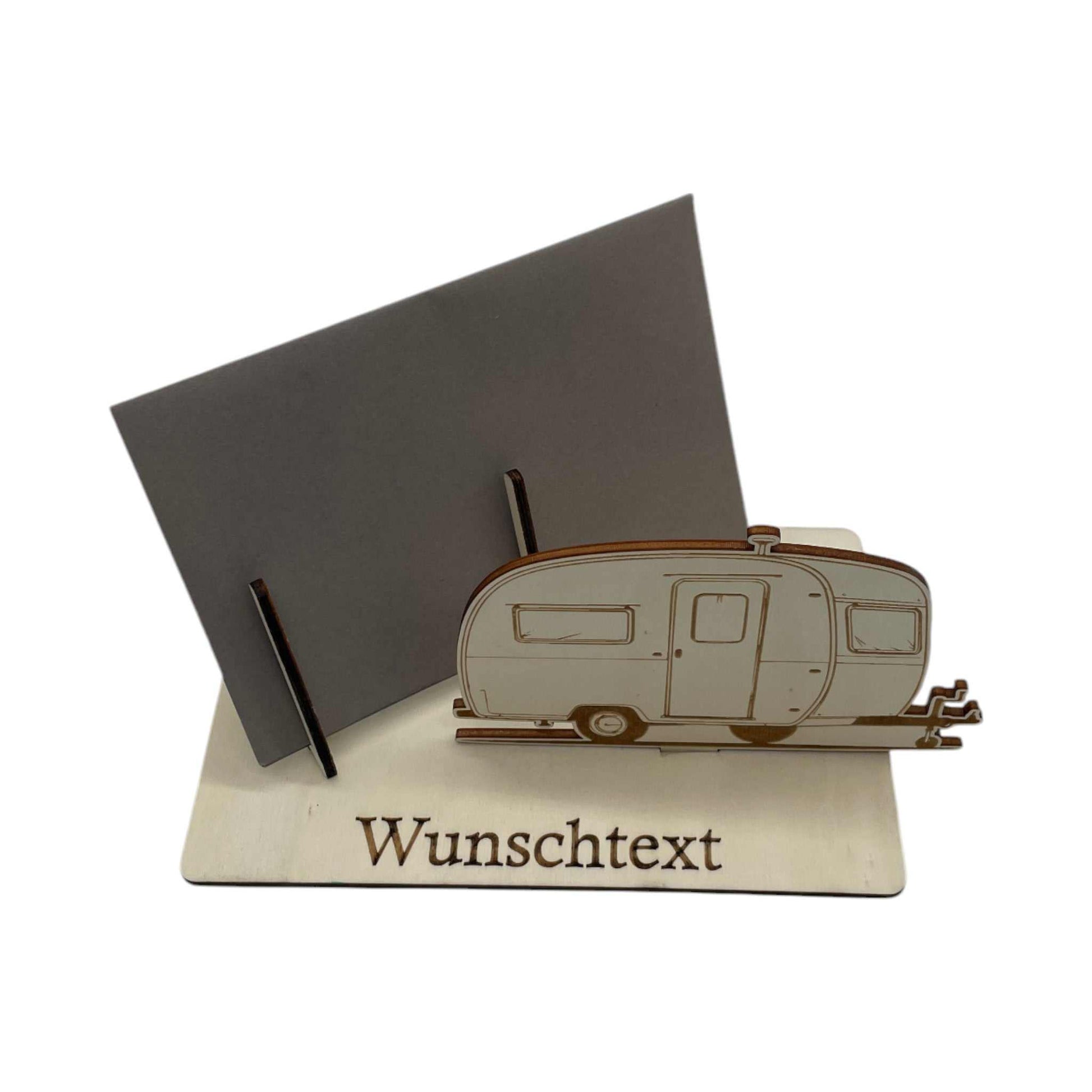 Holz-Gutscheinhalter im Wohnwagen-Stil, ideal zum Gutschein verpacken. Eine kreative Wahl für Camping-Fans und Abenteuerlustige.