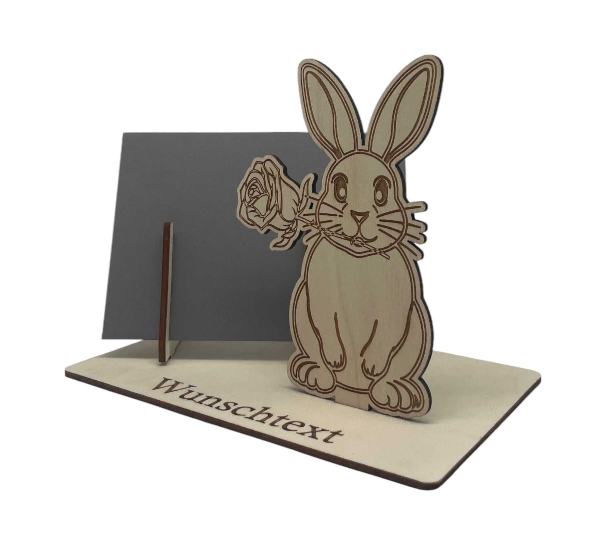 Holzgravur Hase mit Rose für Geschenkverpackung