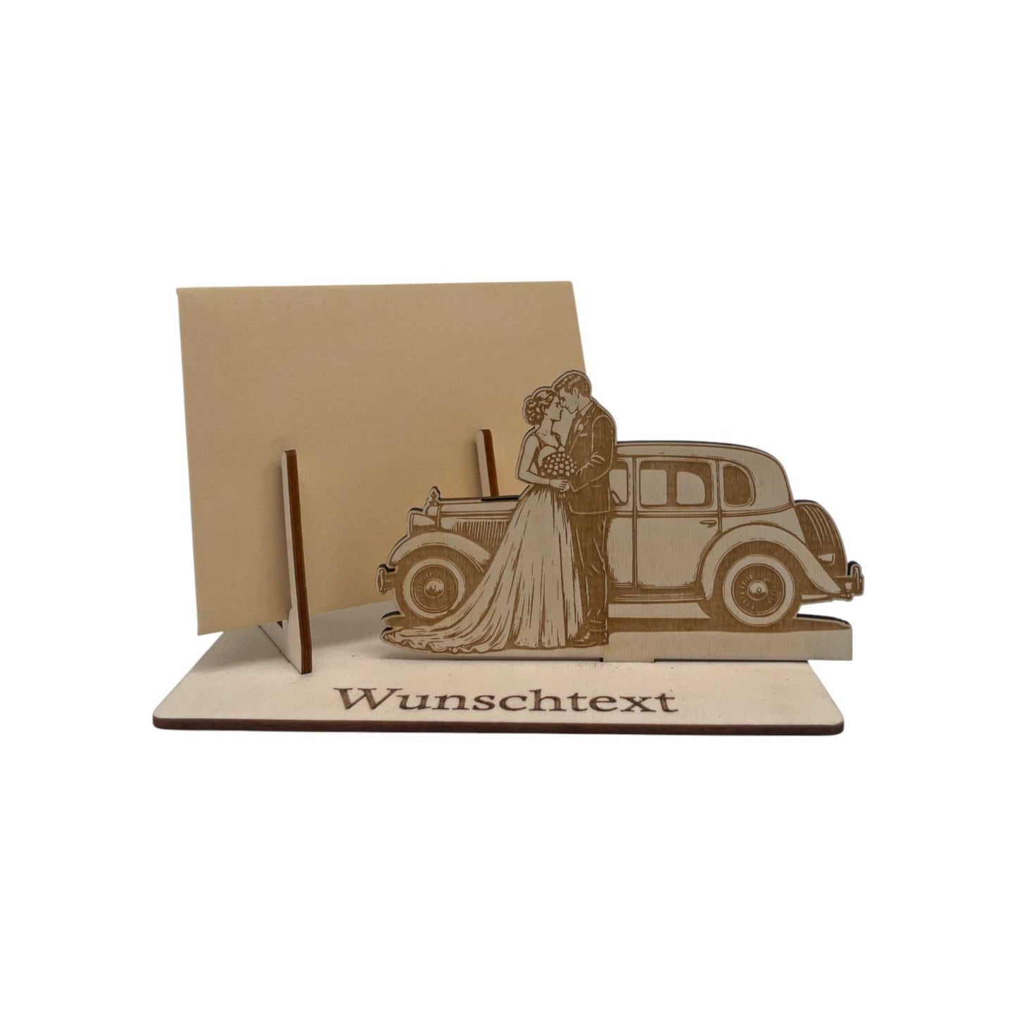 Gutscheinhalter aus Holz mit Brautpaar Auto Motiv und eigenem Wunschtext