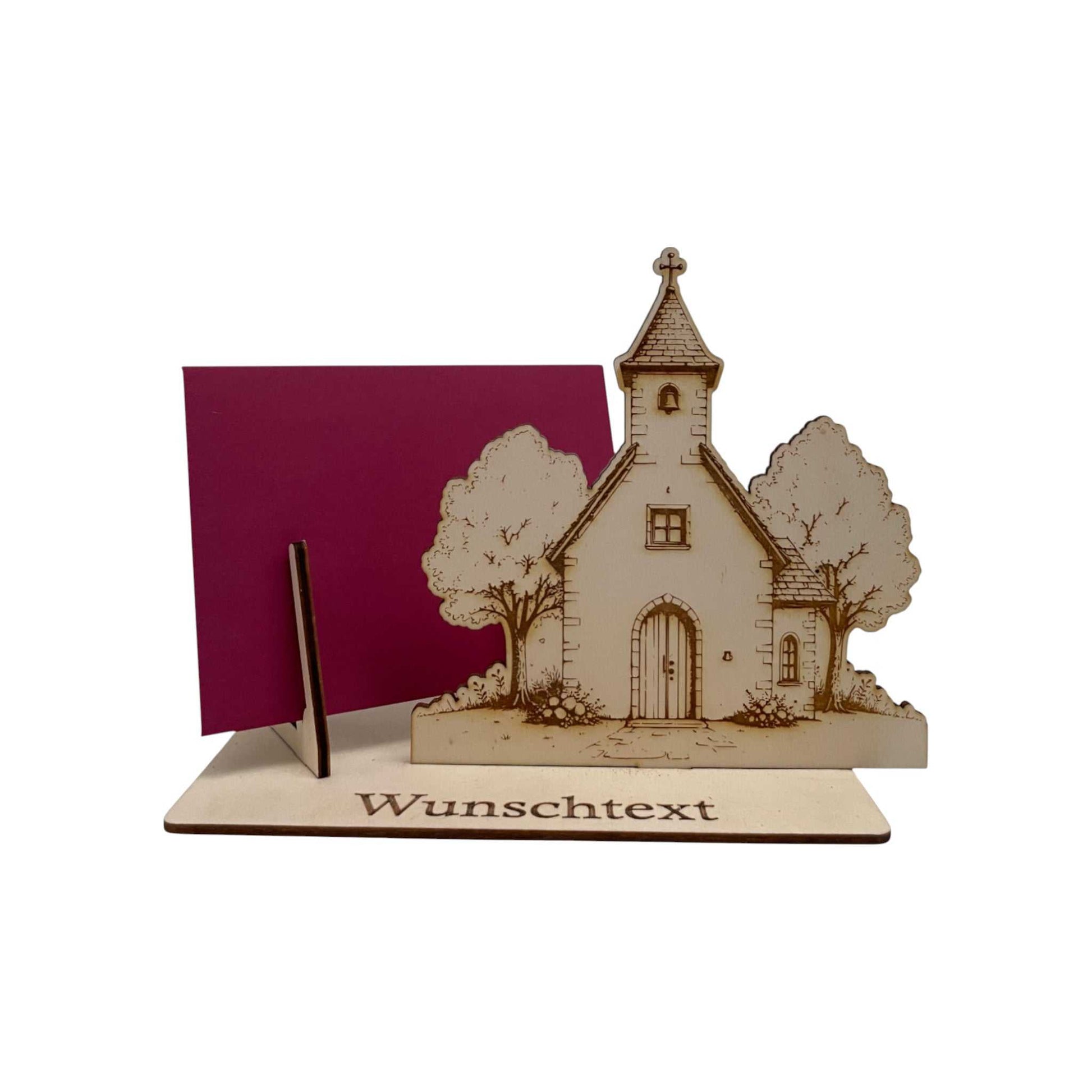 Gutscheinhalter aus Holz mit gravierter Kirche und Steckhalter für Umschlag