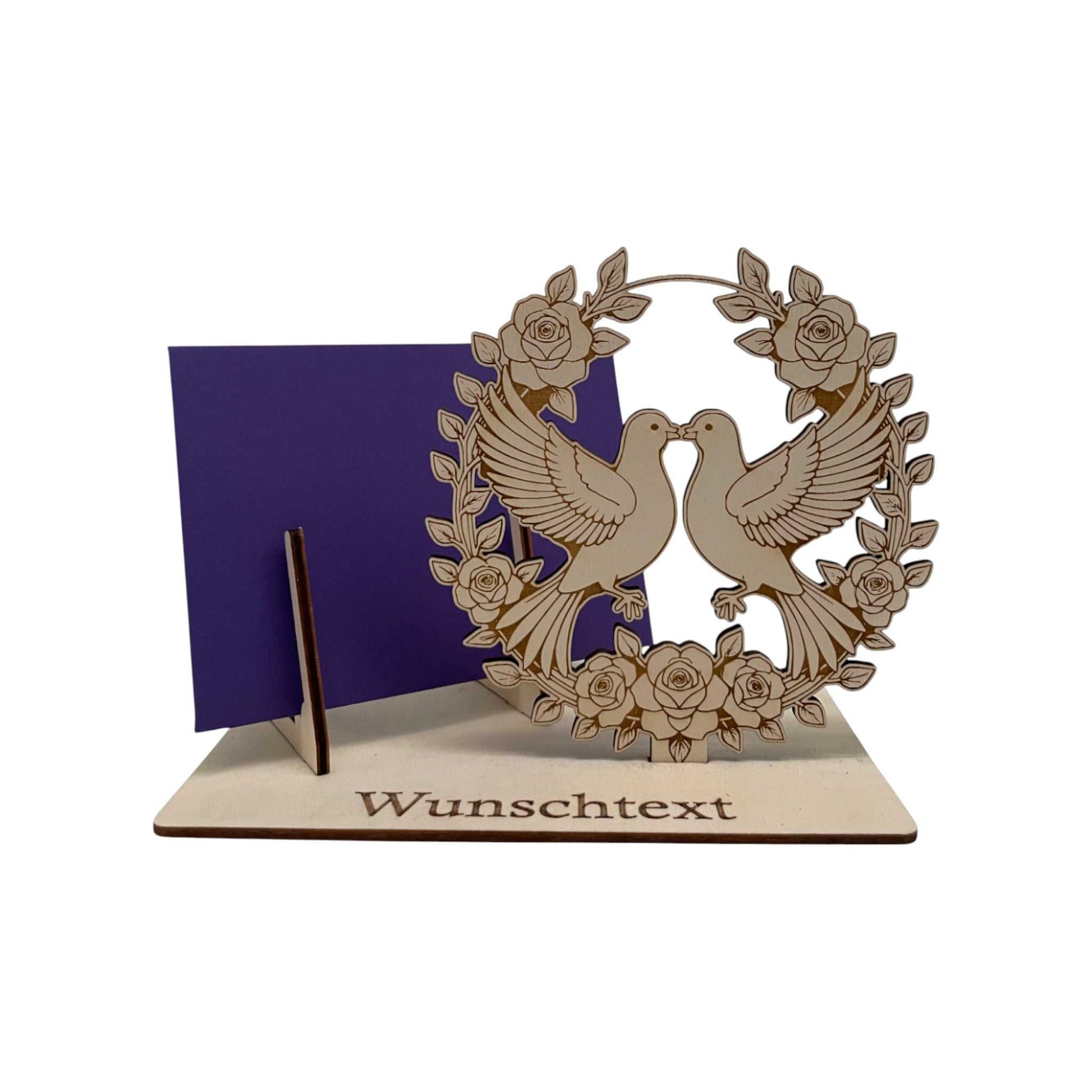 Holz Gutscheinhalter Hochzeit mit Tauben und Stecksystem für Gutschein