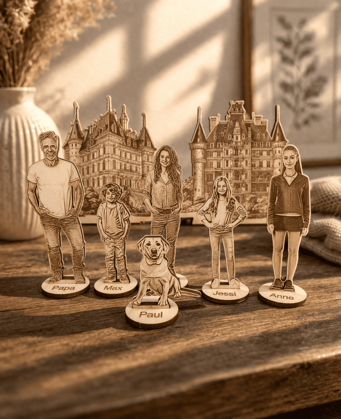 Individuelle Holzfigur mit mehreren Personen aus einem gemeinsamen Foto