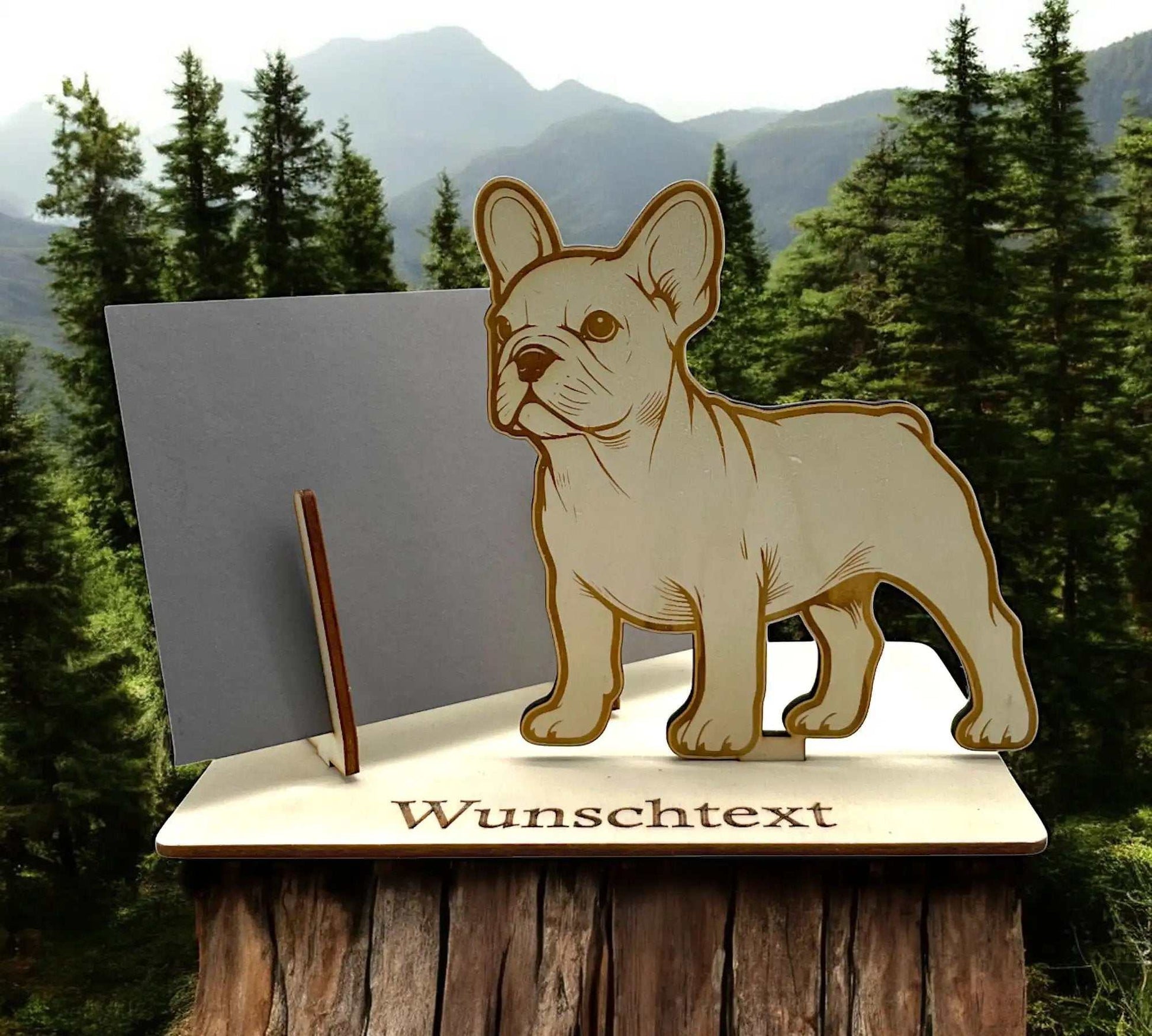 Gutschein verpacken mit französischer Bulldogge – gravierter Gutscheinhalter aus Holz mit Wunschtext