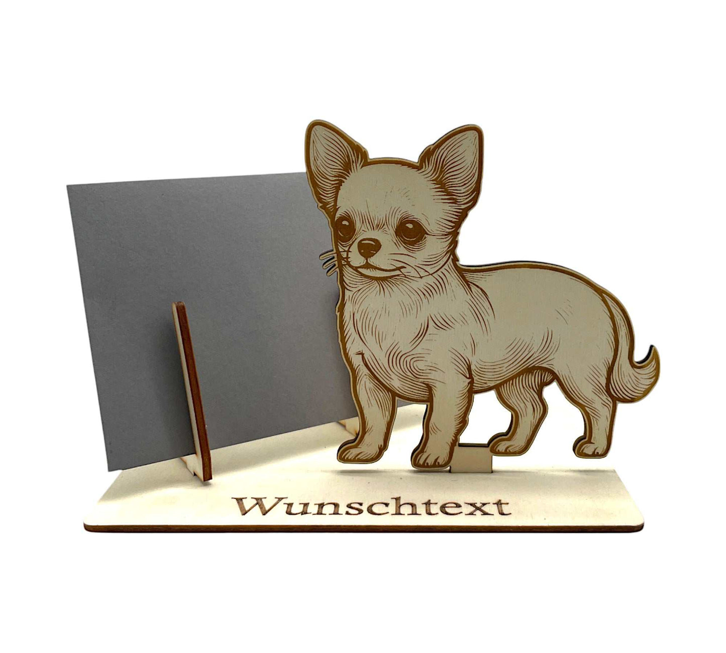 Gutschein verpacken mit Hundefigur – Chihuahua als liebevolles Motiv aus Holz