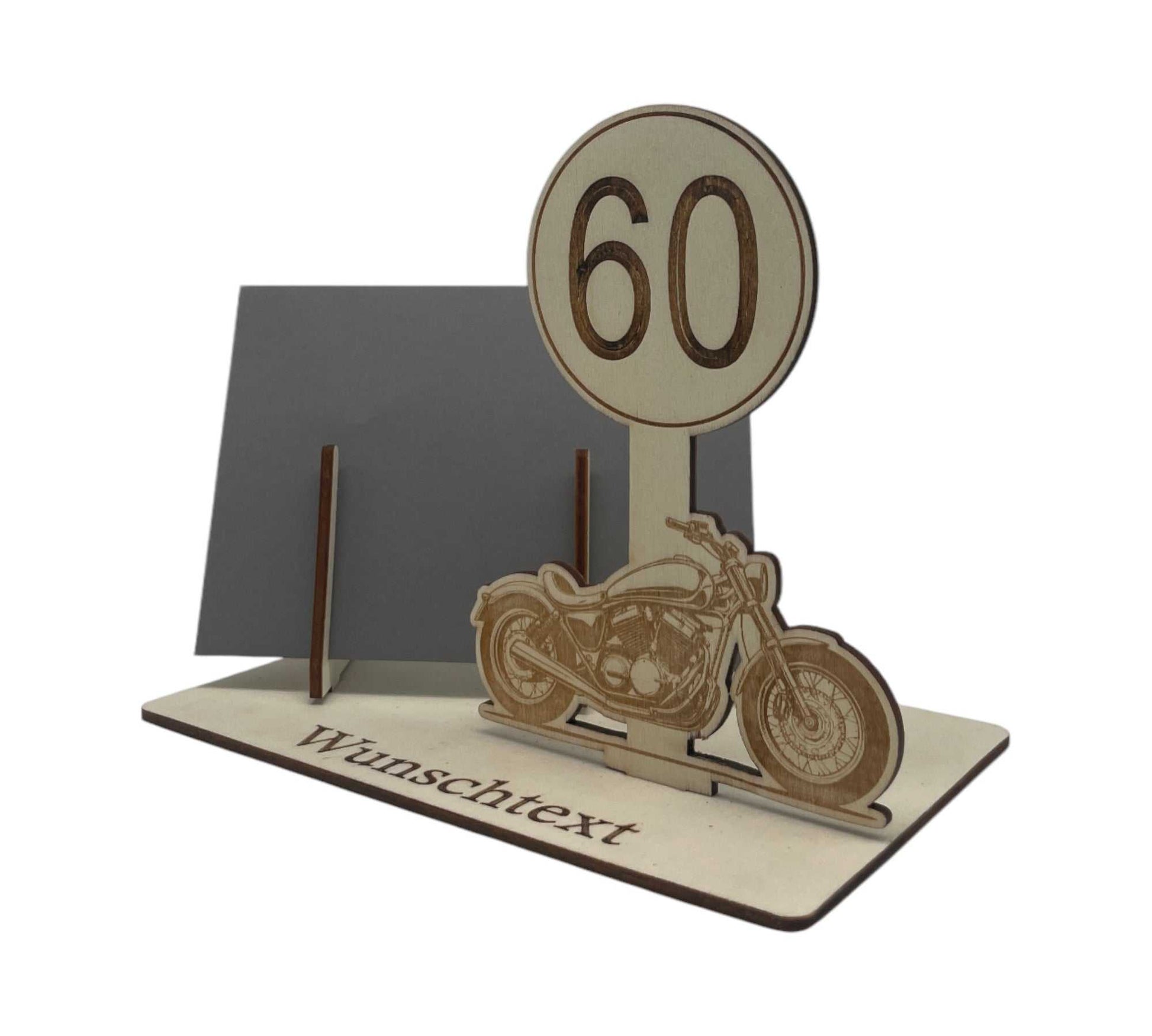 Individuelle Geschenkverpackung für den 60 Geburtstag – personalisierbare Gravur mit Motorrad-Motiv, ideal für leidenschaftliche Biker.