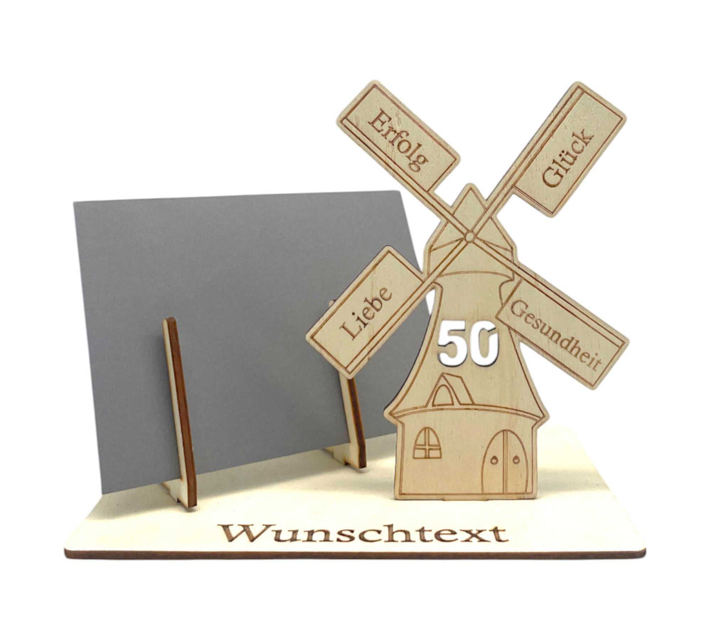Gutschein verpacken zum 50. Geburtstag – Windmühle mit Gravur und Zahl 50