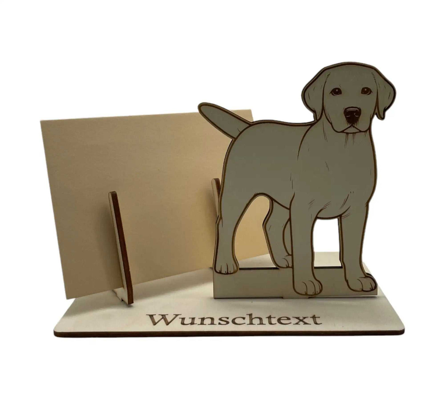 Kreative Gutscheinverpackung mit Labrador-Motiv aus Holz – perfekt für Hundeliebhaber und Geburtstagsgeschenke.
