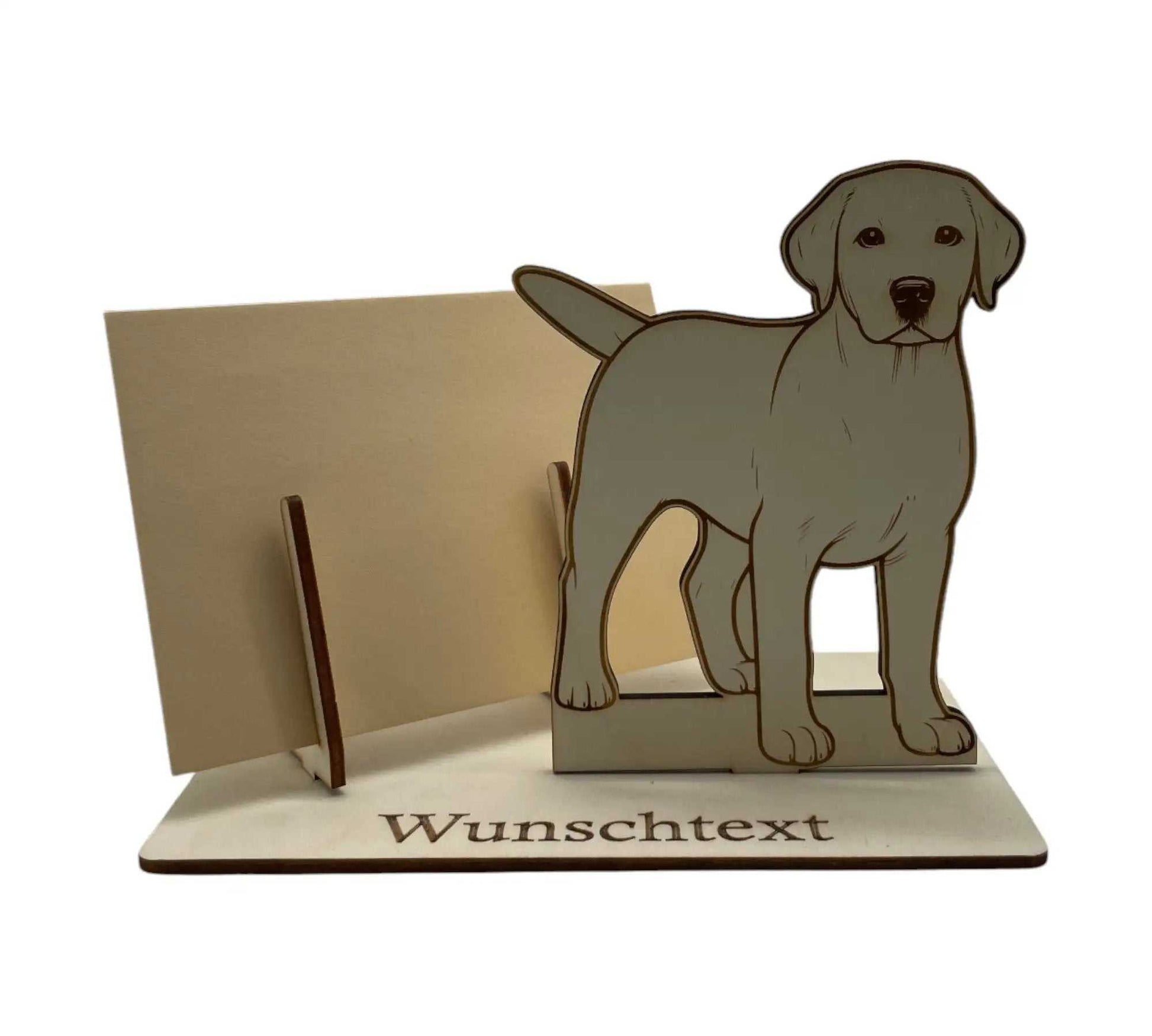 Kreative Gutscheinverpackung mit Labrador-Motiv aus Holz – perfekt für Hundeliebhaber und Geburtstagsgeschenke.