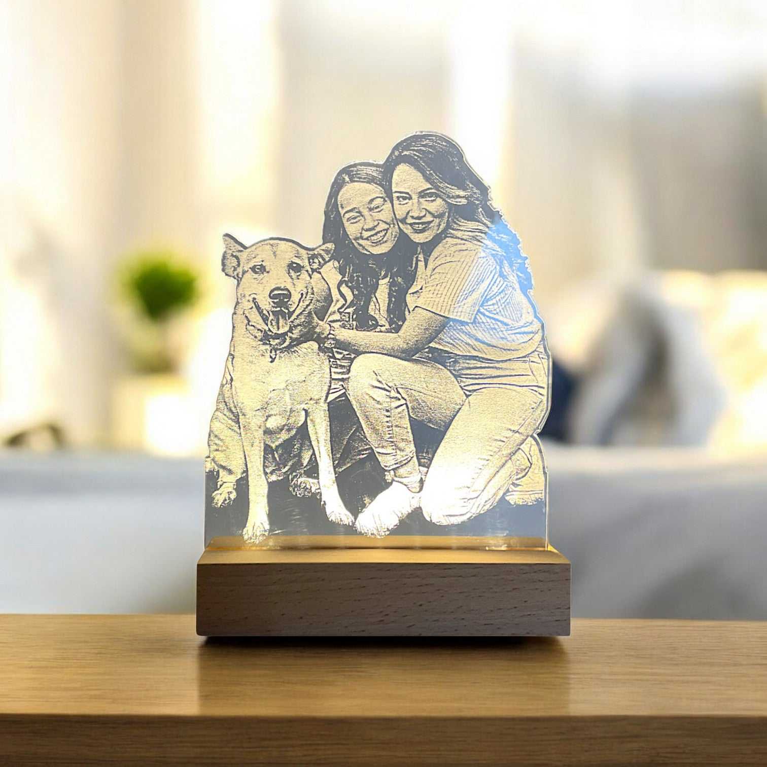 LED Fotolampe aus Acryl mit Fotogravur und Holzsockel warmweiß beleuchtet