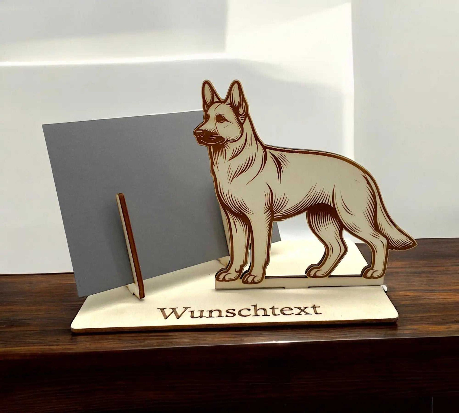 Holz-Gutscheinhalter mit Schäferhund-Motiv und Platz für persönlichen Wunschtext