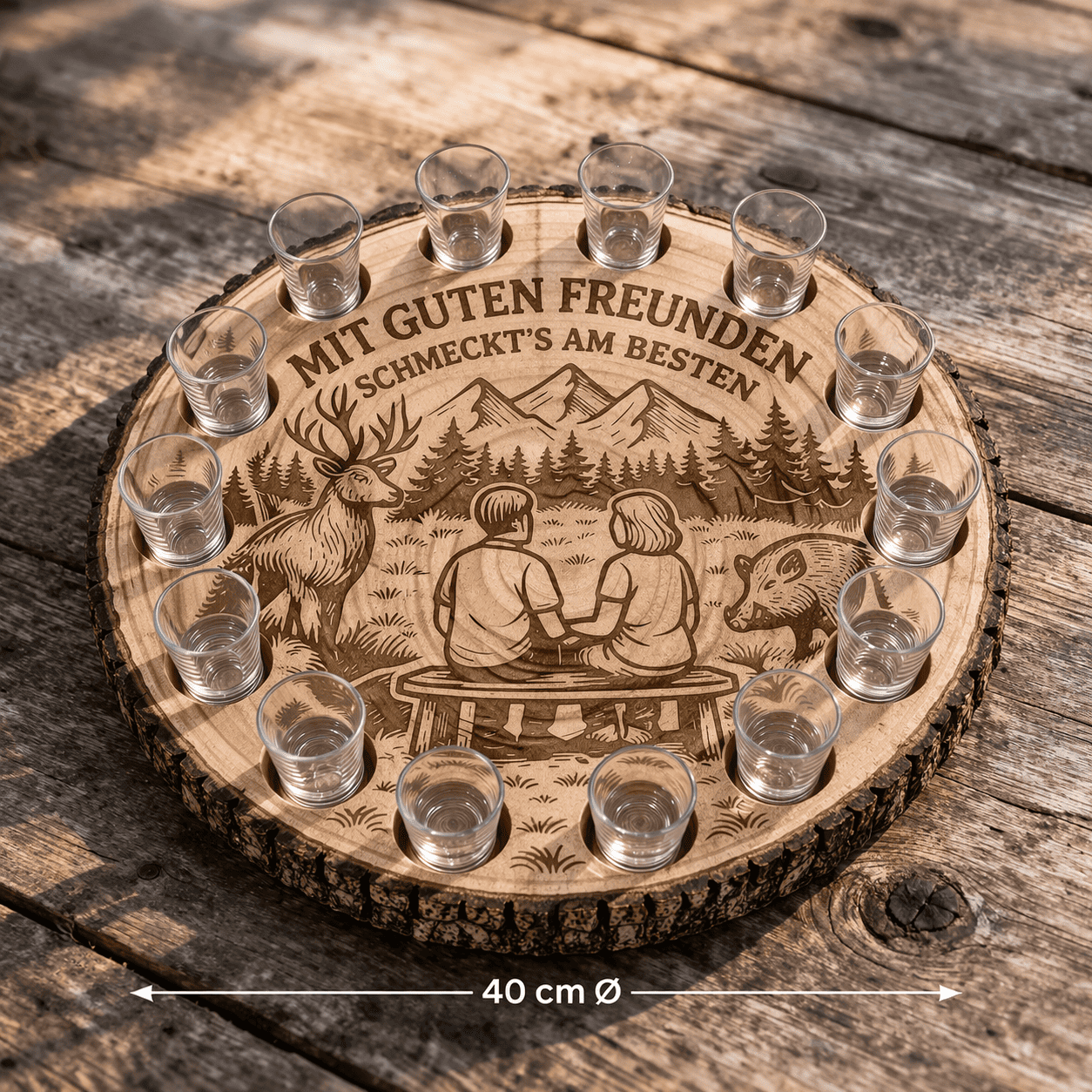 personalisierte schnapsbank mit gravierter holzscheibe und glaesern mit motiv