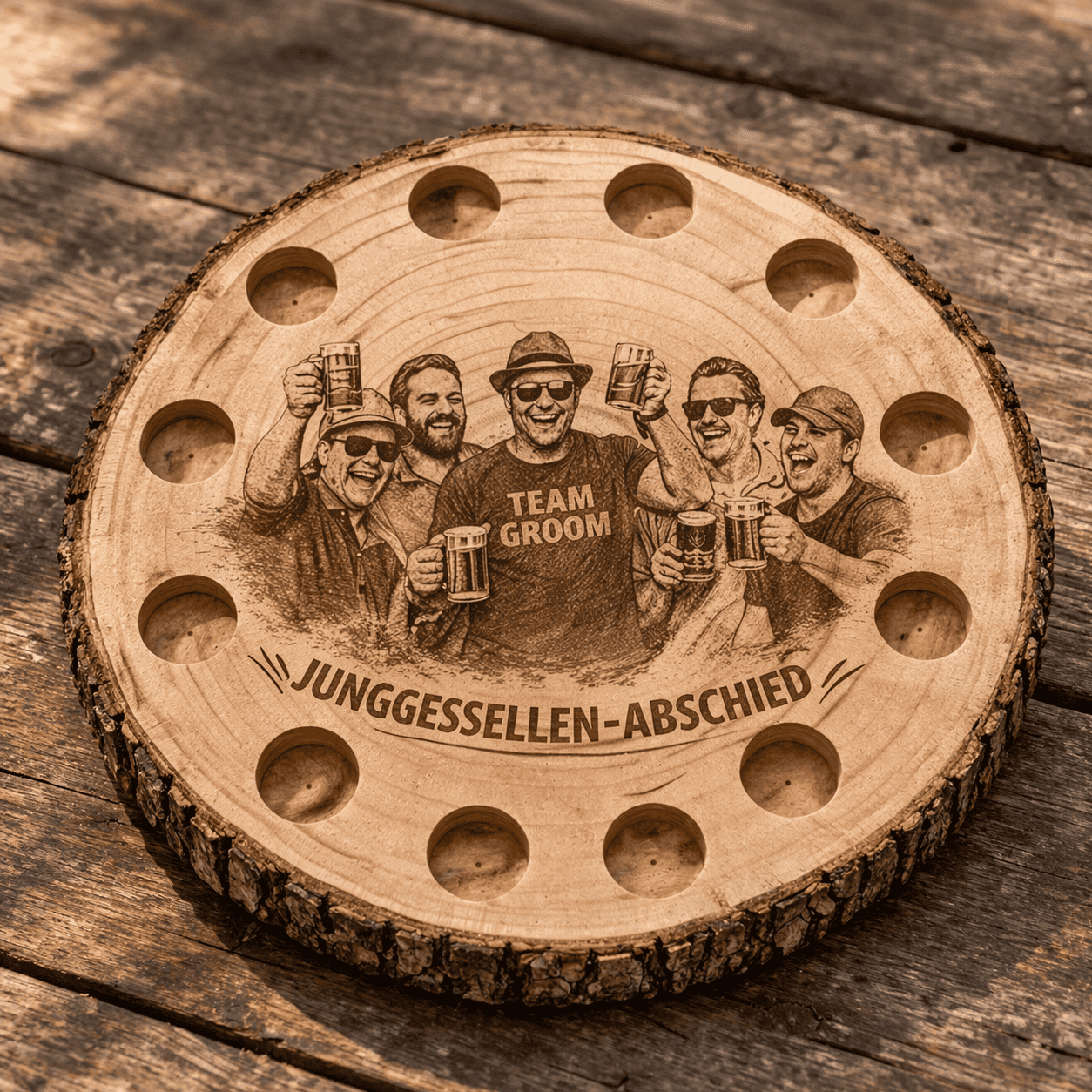 schnapsbank mit individuell angeordneten glaesern und personalisierter gravur