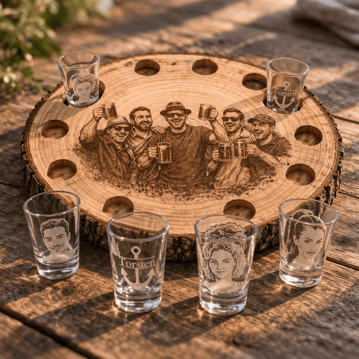 personalisierte schnapsbank aus holz mit gravierten glaesern baumscheibe set