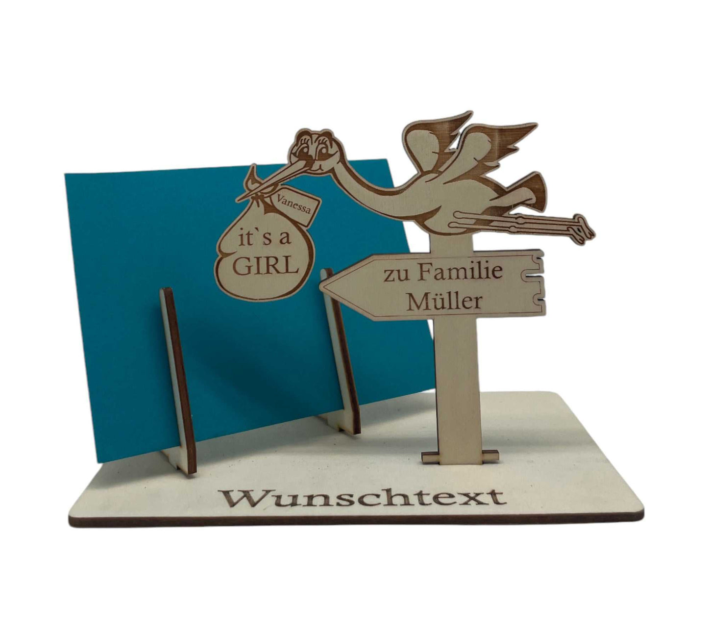 Storch Gutscheinverpackung mit Namensgravur für Babys
